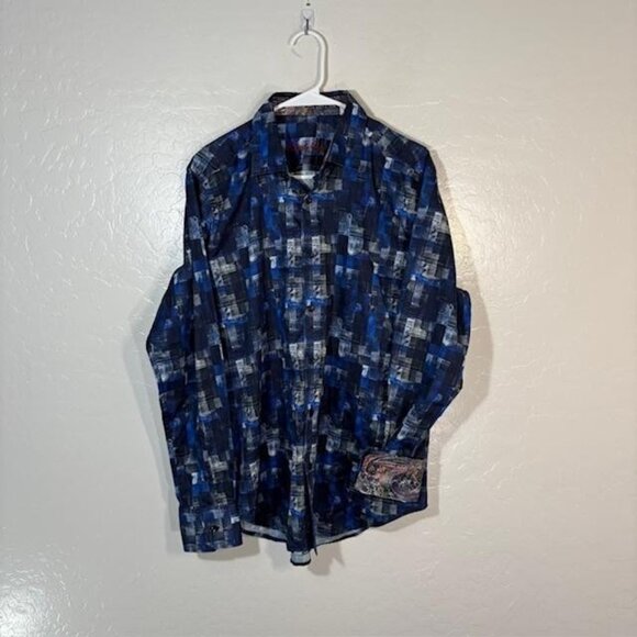 Robert Graham Shirt Mens Medium Blue Black Classic Flip Cuff Paisley Abstract - Picture 1 of 8
